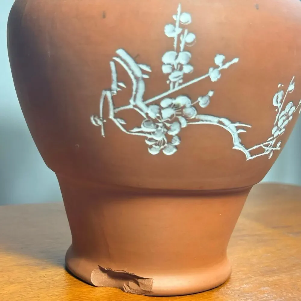 Vintage Chinese Yixing Redware Etched Bird Vase Blue Peacock Handles As Is